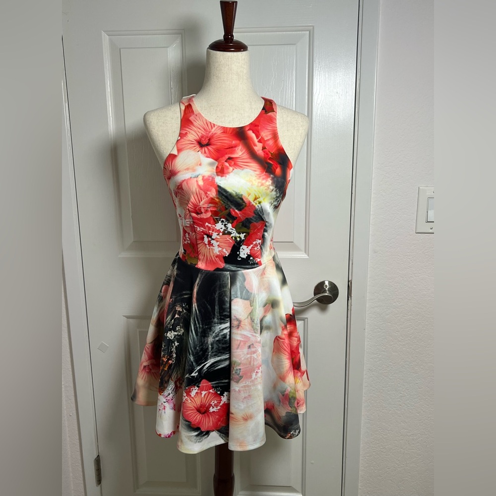 Bebe Watercolor Floral‎ Sleeveless
Scuba Fit and Flare Mini Skater Dress
